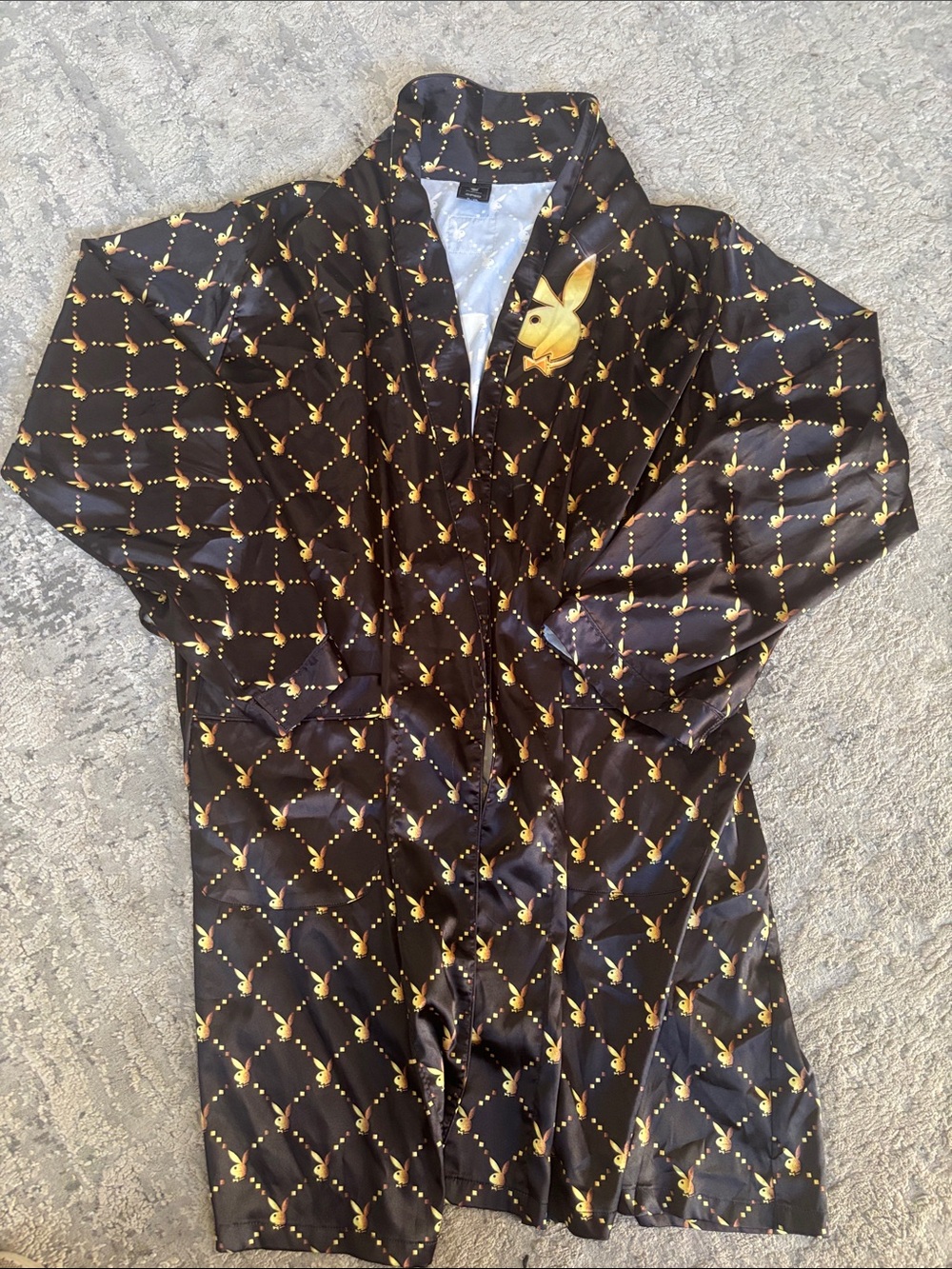 PLAYBOY Black Satin Kimono Jacket with Gold Bunny Motif